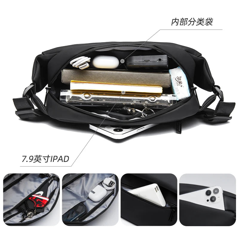Premium Crossbody Bag with Magnetic Buckle, Fashion Waterproof Sling Bag Black Shoulder Bag for Men Travel Sport